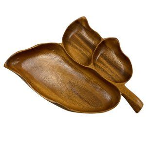 Vintage Bohemian House of Monkeypod Leaf Divided Serving Tray Wooden Dish 16"